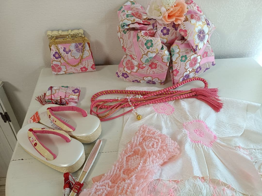 上級品☆正絹☆誂え☆クリーム色の着物に作り帯セット☆七五三７歳ハーフ成人式