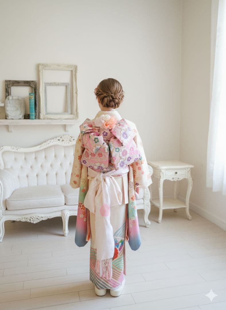 上級品☆正絹☆誂え☆クリーム色の着物に作り帯セット☆七五三７歳ハーフ成人式