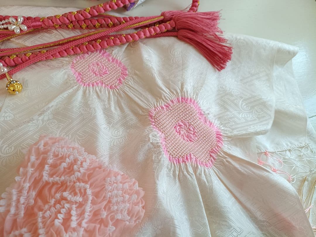 上級品☆正絹☆誂え☆クリーム色の着物に作り帯セット☆七五三７歳ハーフ成人式