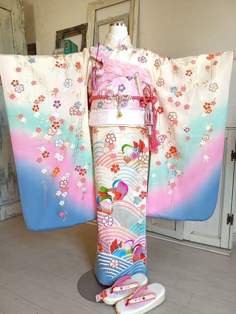 上級品☆正絹☆誂え☆クリーム色の着物に作り帯セット☆七五三７歳ハーフ成人式