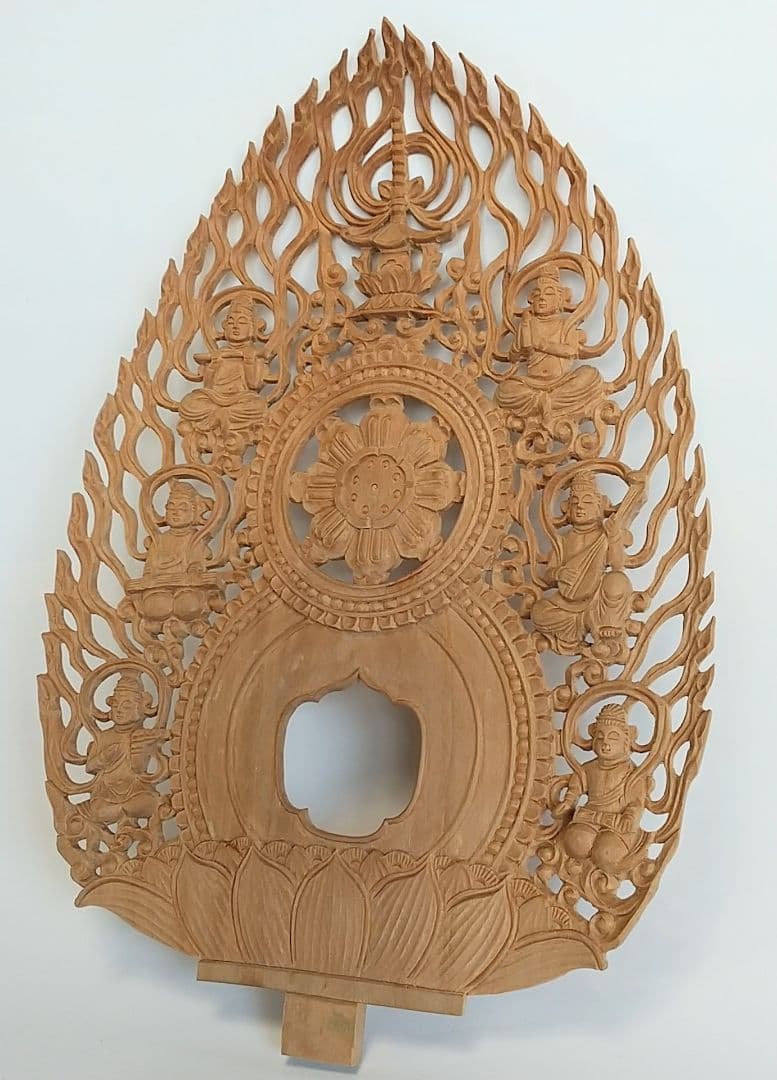 光背(2.5寸坐像用)#433 透し彫 奏楽飛天 宝塔 ◆白檀 木彫 仏像付属品