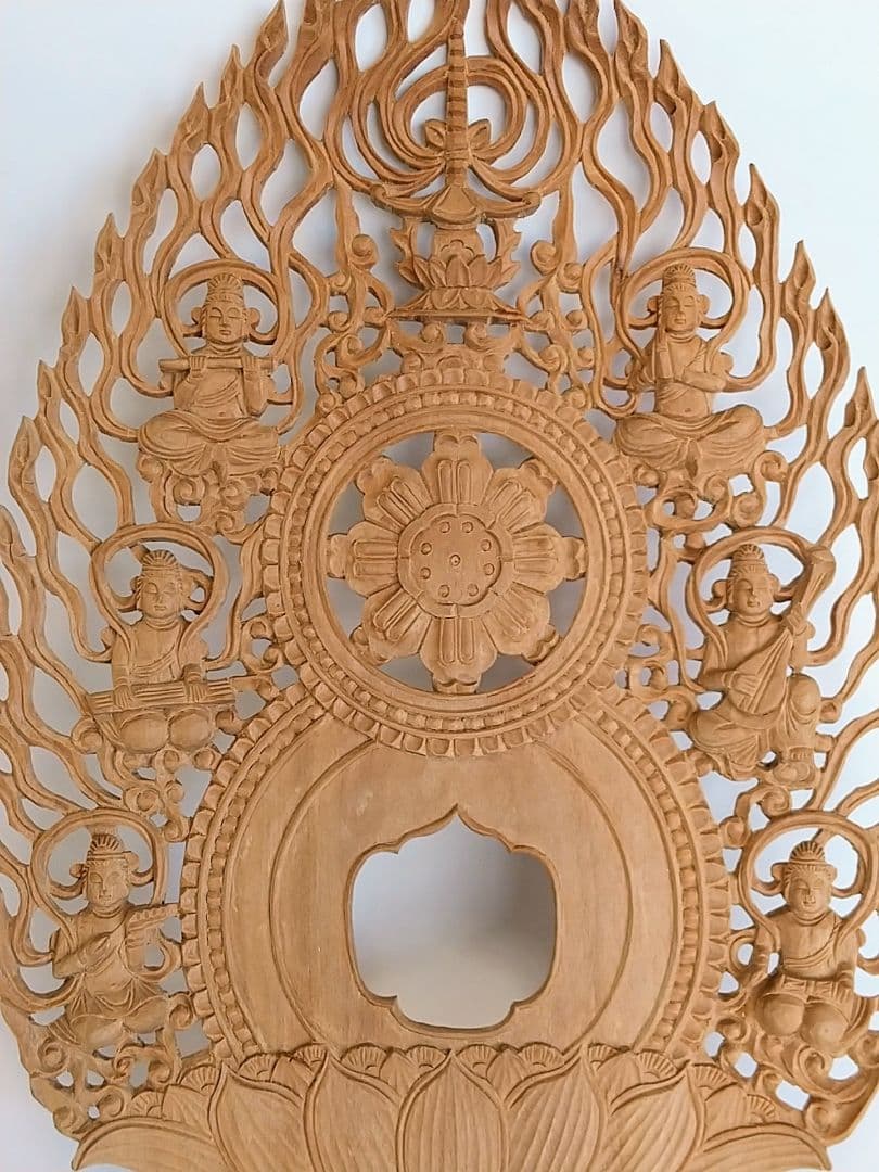 光背(2.5寸坐像用)#433 透し彫 奏楽飛天 宝塔 ◆白檀 木彫 仏像付属品