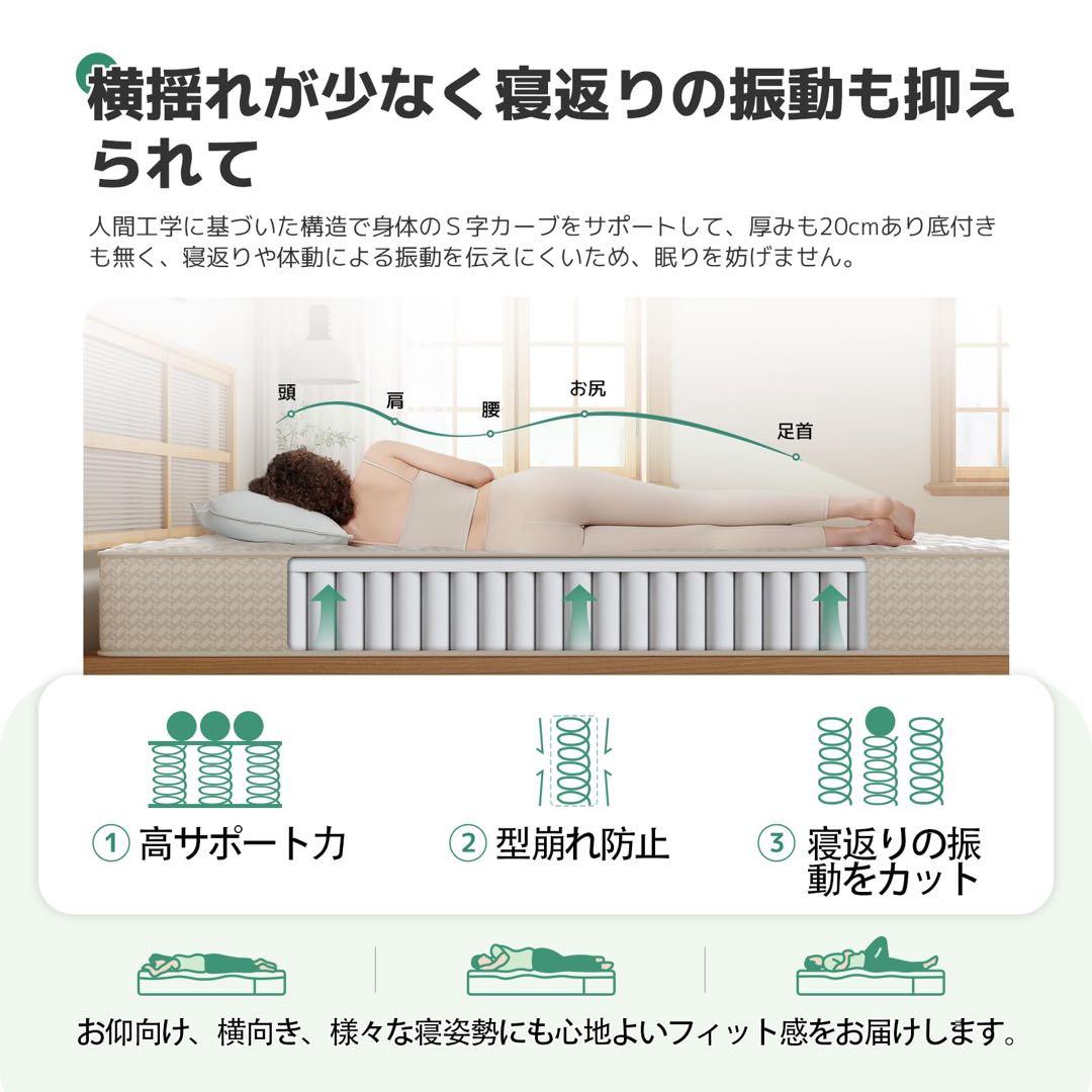 セミダブル♥マットレス 極厚20cm 硬め ポケットコイル 硬さ180N 高反発