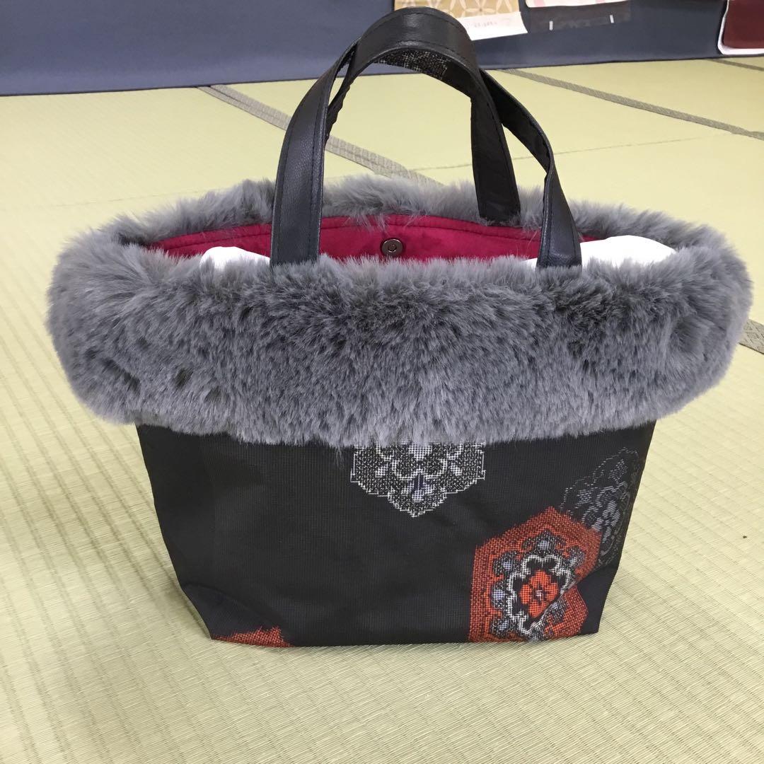 【ハンドメイド】未使用正絹反物→ハンドバッグ　※本場　村山大島紬　ファー