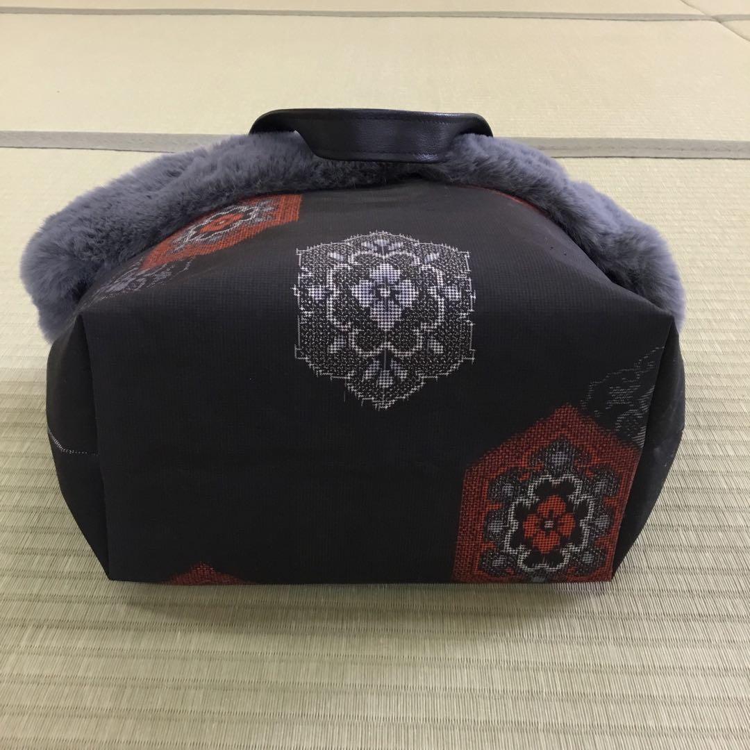【ハンドメイド】未使用正絹反物→ハンドバッグ　※本場　村山大島紬　ファー