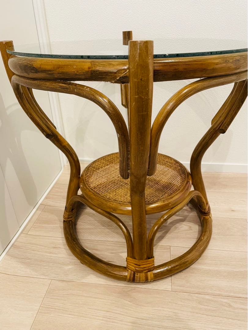 送料無料　ラタン　ローテーブル　ガラステーブル