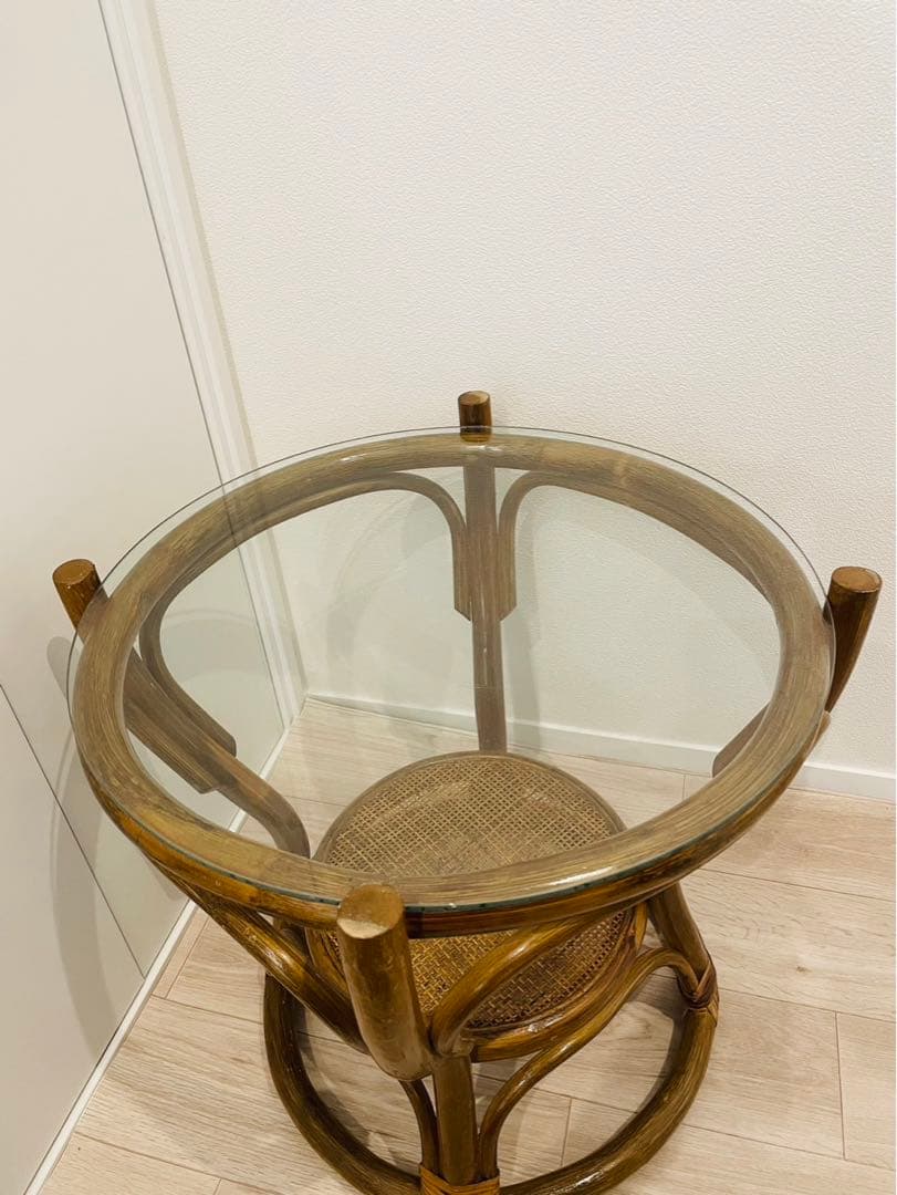 送料無料　ラタン　ローテーブル　ガラステーブル