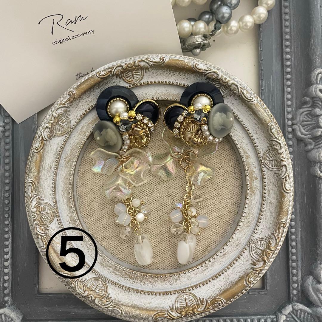 香　アンティークボタン　ジェルボタン　パール　バネ式イヤリング