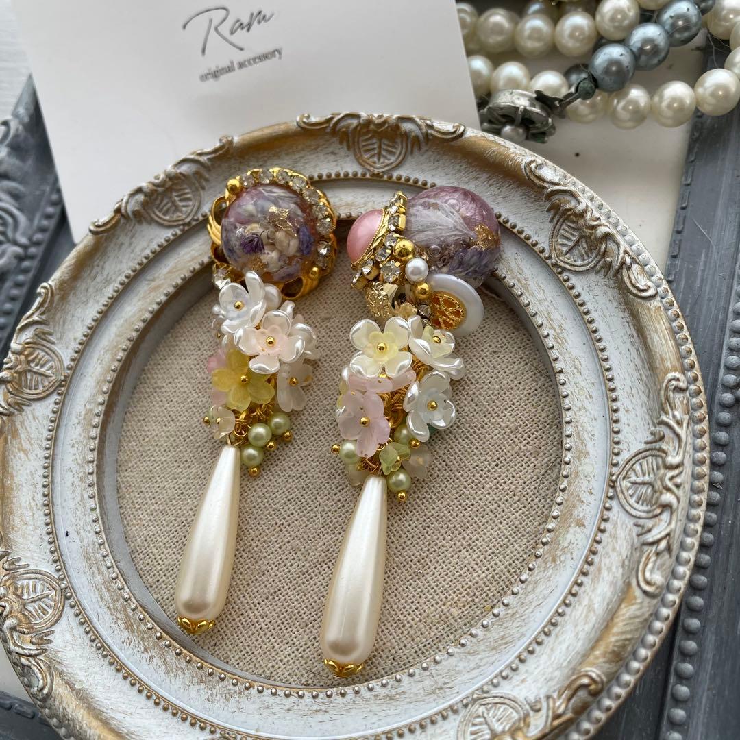 香　アンティークボタン　ジェルボタン　パール　バネ式イヤリング