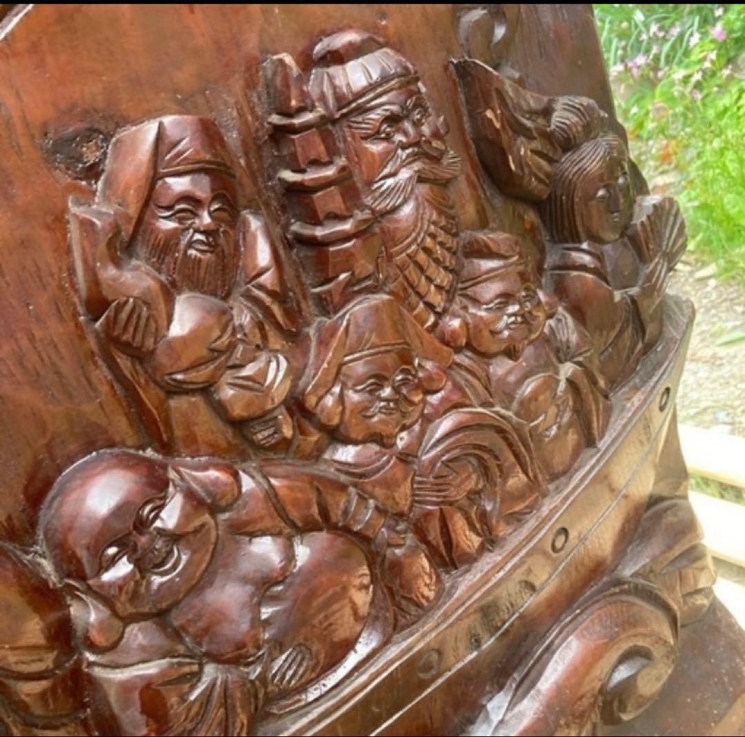 唐木の衝立　天然木彫刻　宝船に七福神　一本モノ　中国美術　縁起物　オブジェ