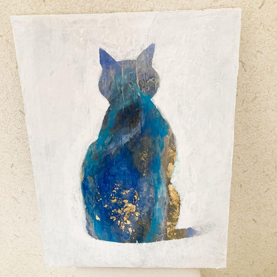 青い猫の絵 原画 テクスチャーアート アクリル画 北欧 ナチュラル アートパネル