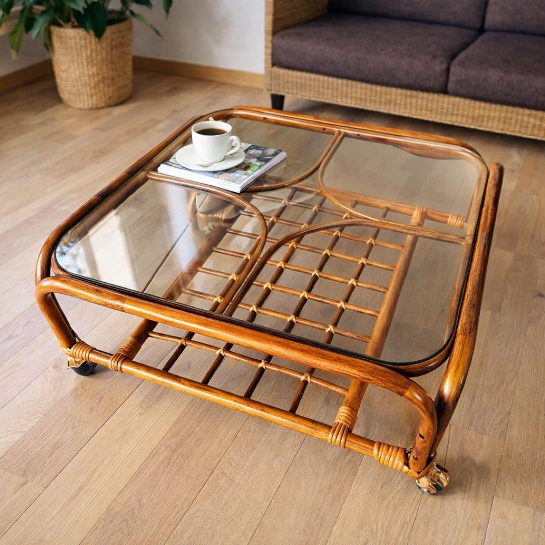 ラタン ローテーブル ガラス天板 キャスター付き ヴィンテージ