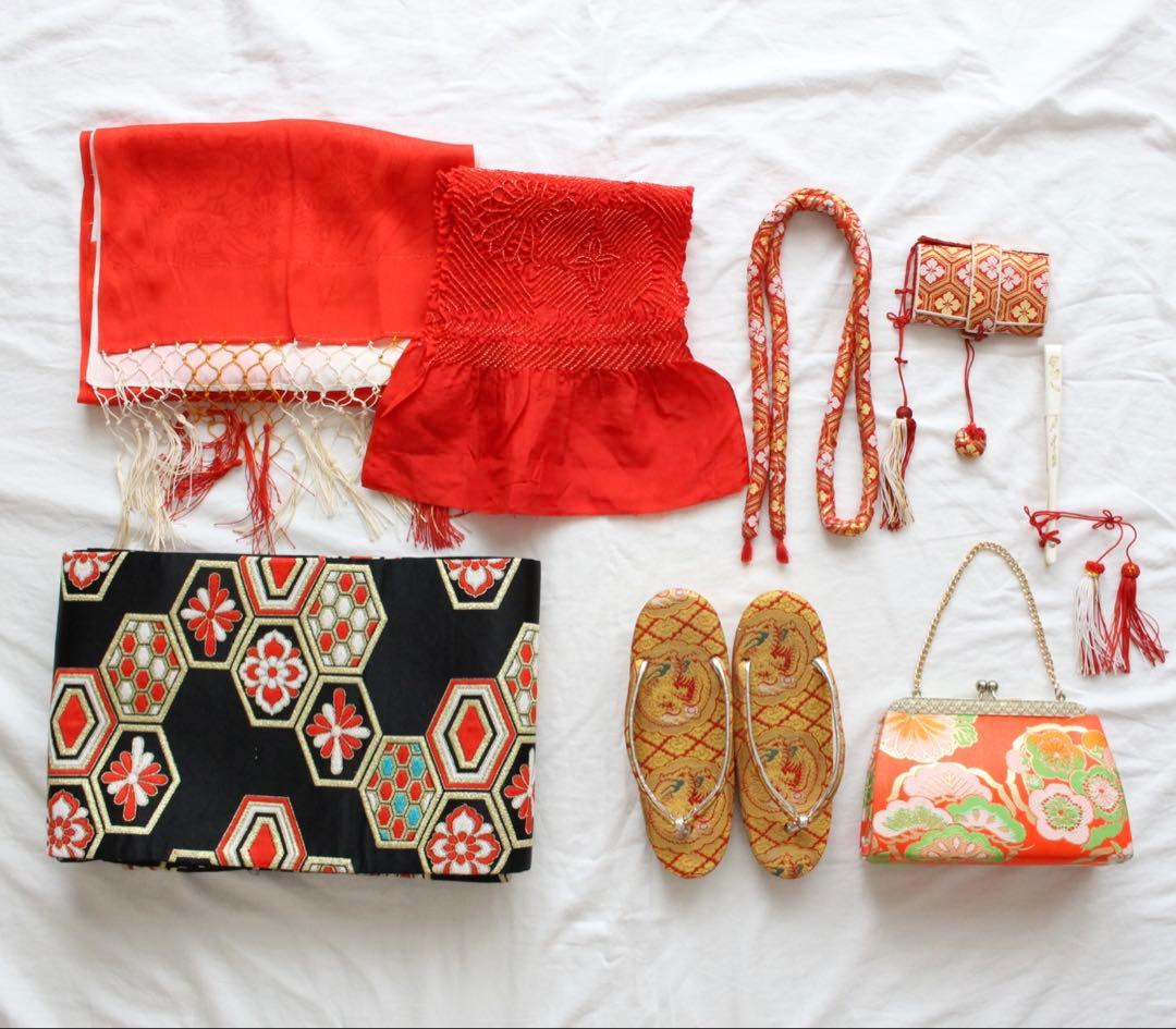 七五三 7歳 女の子 子供 赤 着物 帯 セット