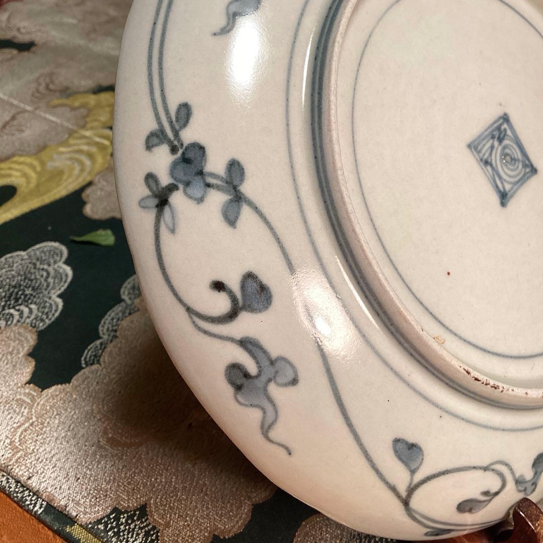 A891 古伊万里　柿右衛門　染付　「近江八景図」　輪花型　6寸皿　１枚