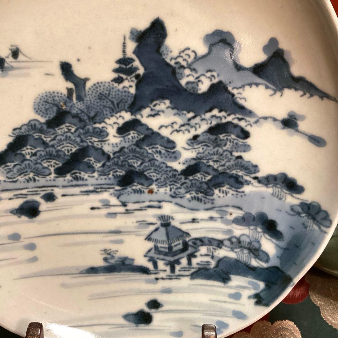 A891 古伊万里　柿右衛門　染付　「近江八景図」　輪花型　6寸皿　１枚