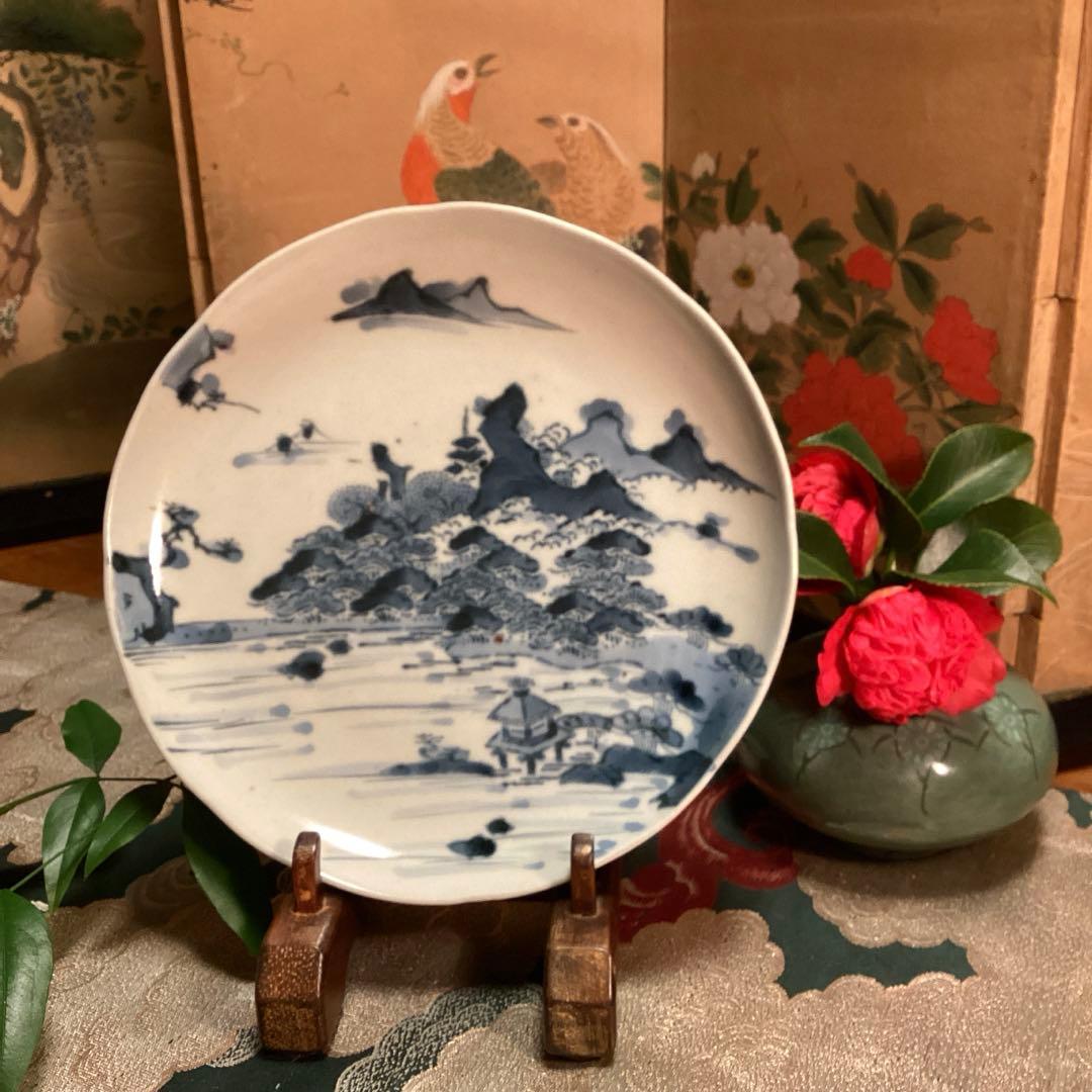A891 古伊万里　柿右衛門　染付　「近江八景図」　輪花型　6寸皿　１枚