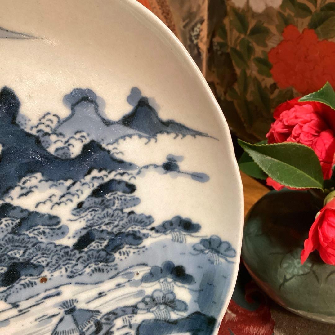 A891 古伊万里　柿右衛門　染付　「近江八景図」　輪花型　6寸皿　１枚