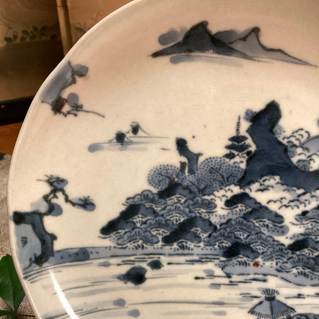 A891 古伊万里　柿右衛門　染付　「近江八景図」　輪花型　6寸皿　１枚