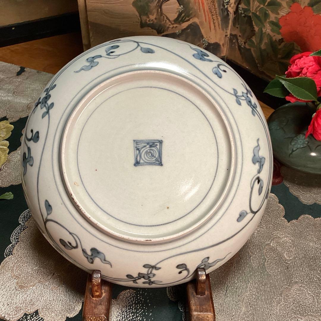 A891 古伊万里　柿右衛門　染付　「近江八景図」　輪花型　6寸皿　１枚