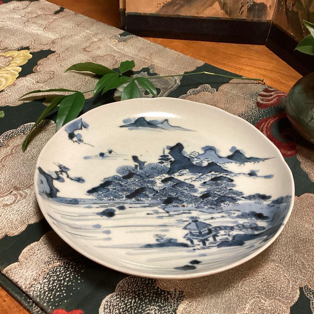 A891 古伊万里　柿右衛門　染付　「近江八景図」　輪花型　6寸皿　１枚