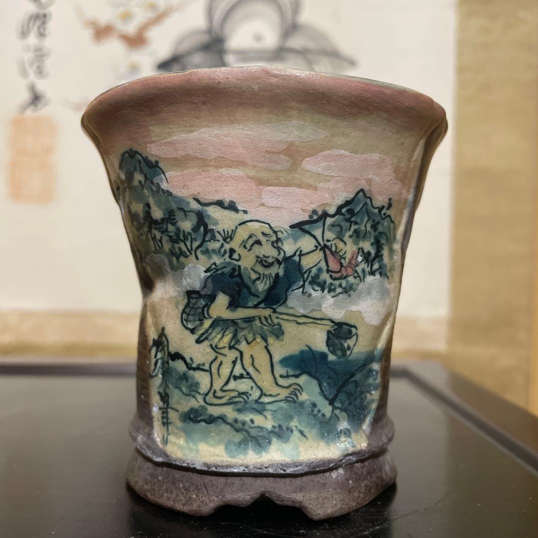 【中古】盆栽鉢 陶翠 小型 直径(約)8.5cm 丸鉢 色絵 春景 山水図 手描