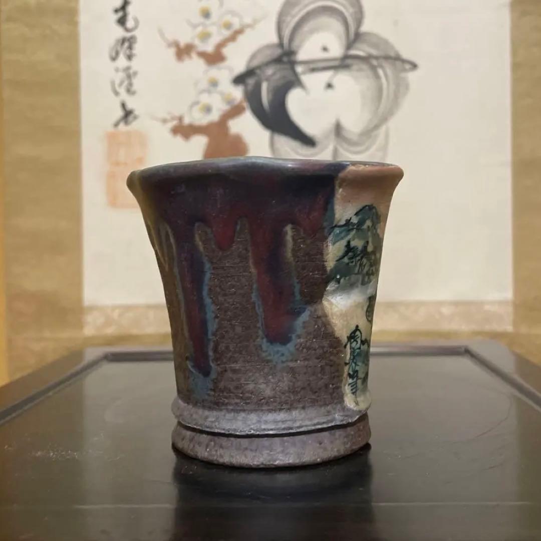 【中古】盆栽鉢 陶翠 小型 直径(約)8.5cm 丸鉢 色絵 春景 山水図 手描
