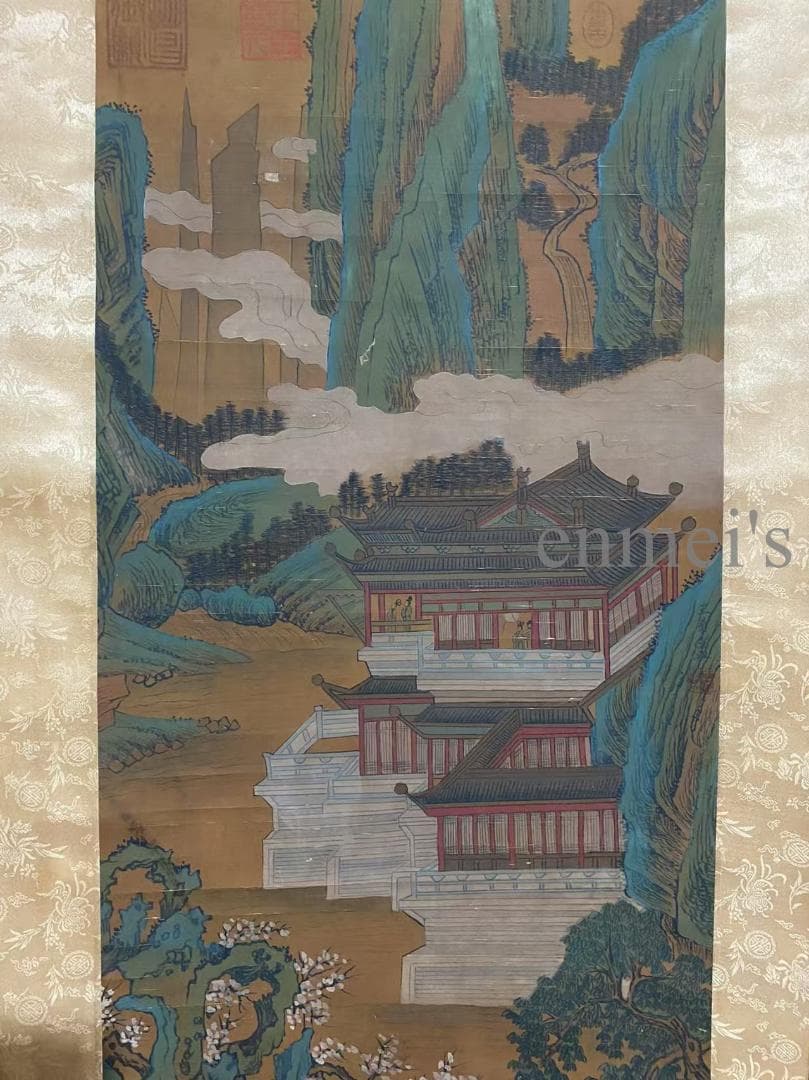 中国古美術 宋代 王希孟款 山水図 掛軸 絹本 肉筆 唐物 古画 書道 名家