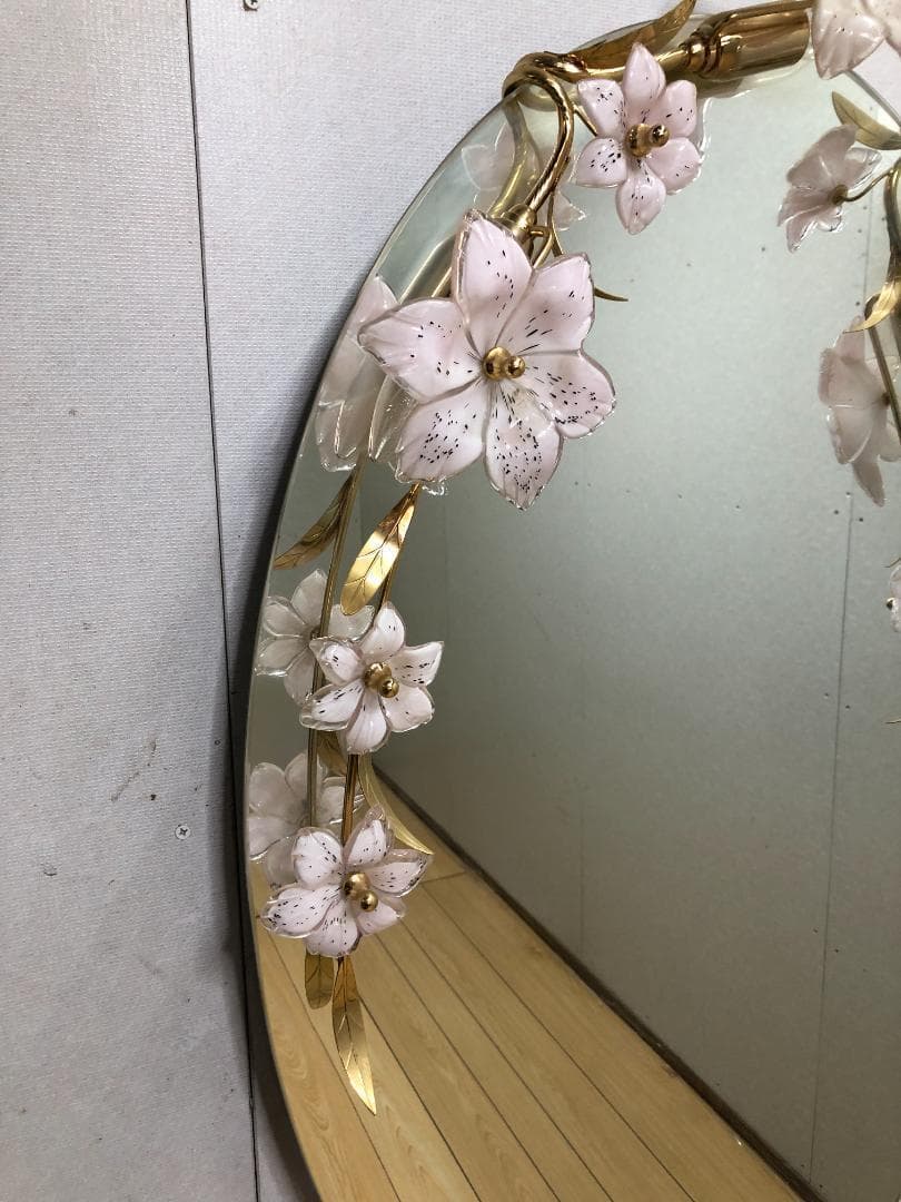 壁掛けミラー アンテーク レトロ ビンテージ 照明 花 楕円形 250413