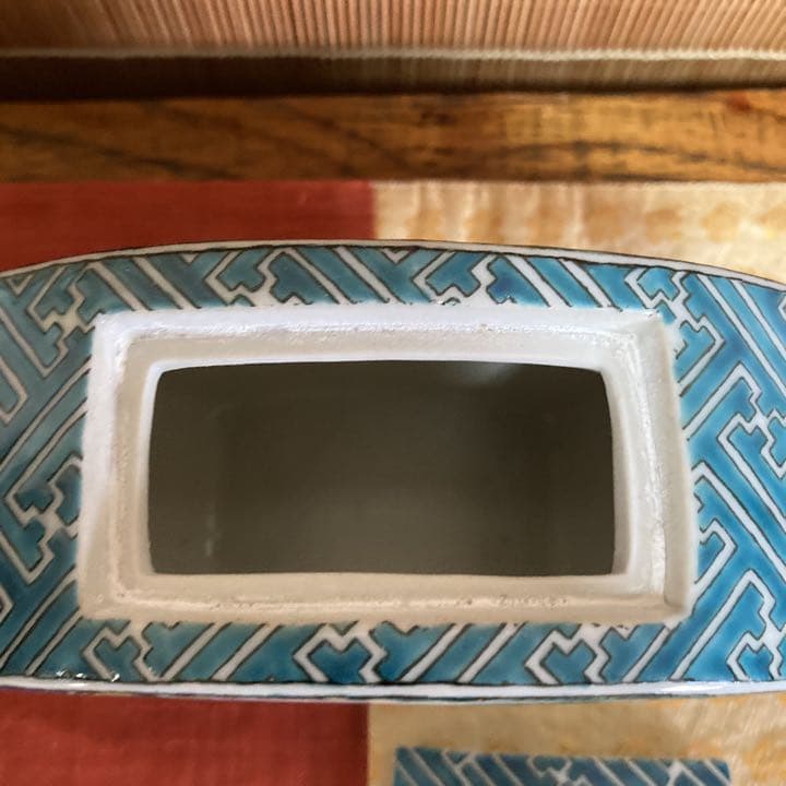 九谷焼　吉田屋風牡丹　山水獅子　扇型香炉