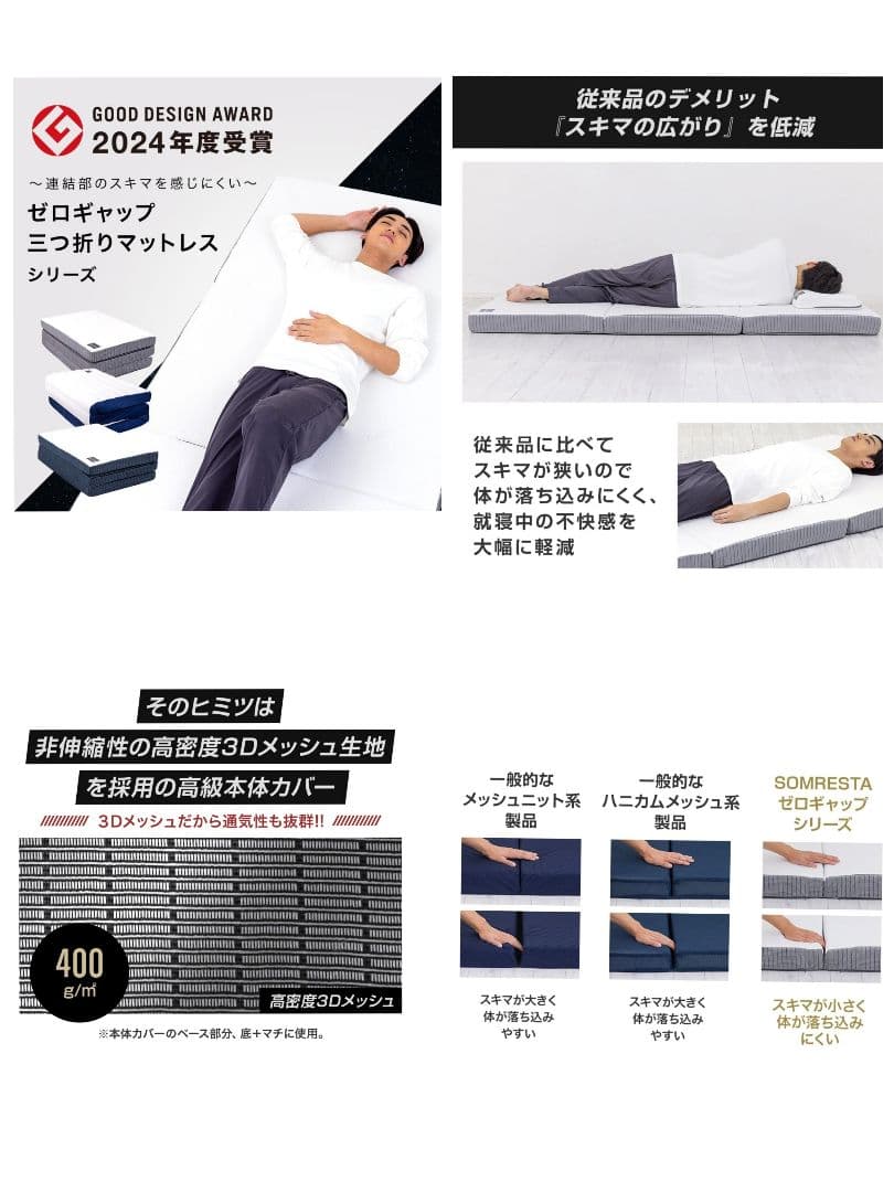 SOMRESTA 高反発三つ折りマットレス シングル 厚さ約9cm