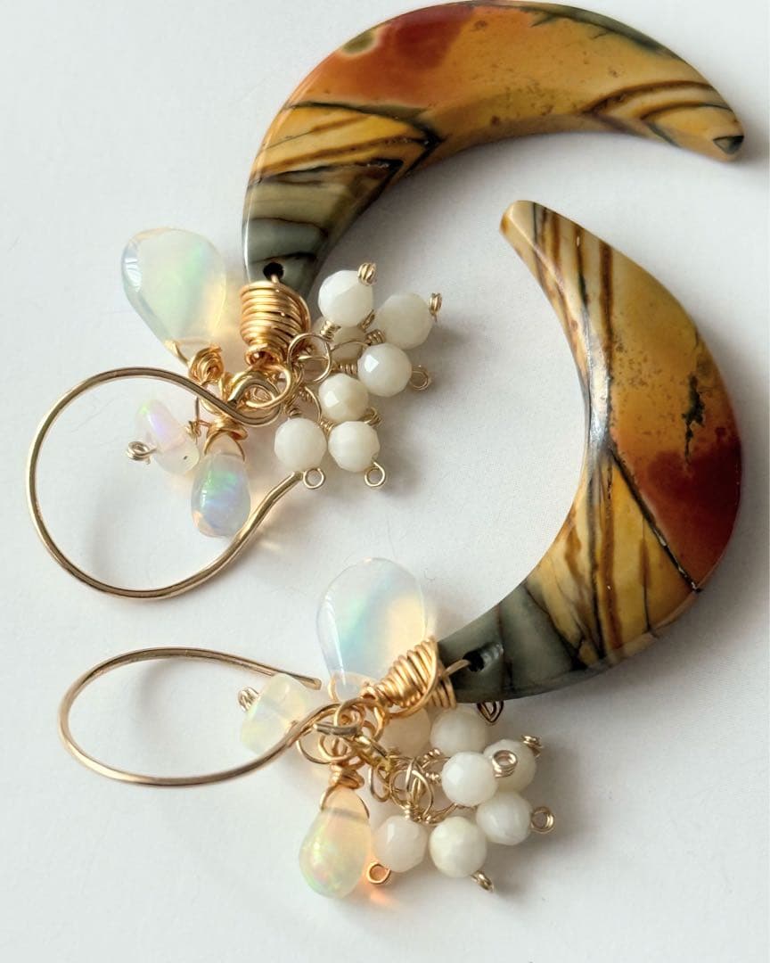 14kgf 天然石　ピカソジャスパー　オパール　ホワイトコーラル　ピアス