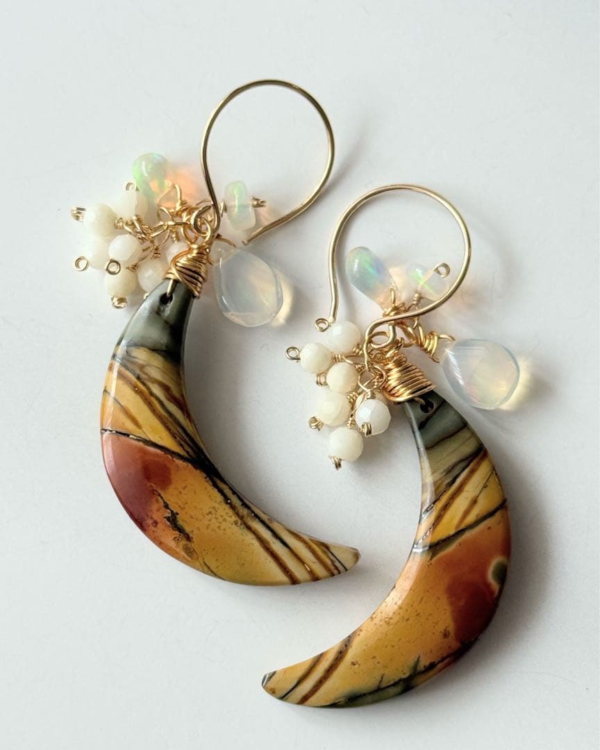 14kgf 天然石　ピカソジャスパー　オパール　ホワイトコーラル　ピアス