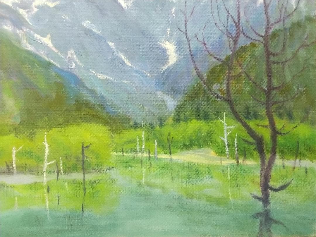 「上高地」1977 S52 F8 油絵 油彩画 絵画 アート 風景画 穂高