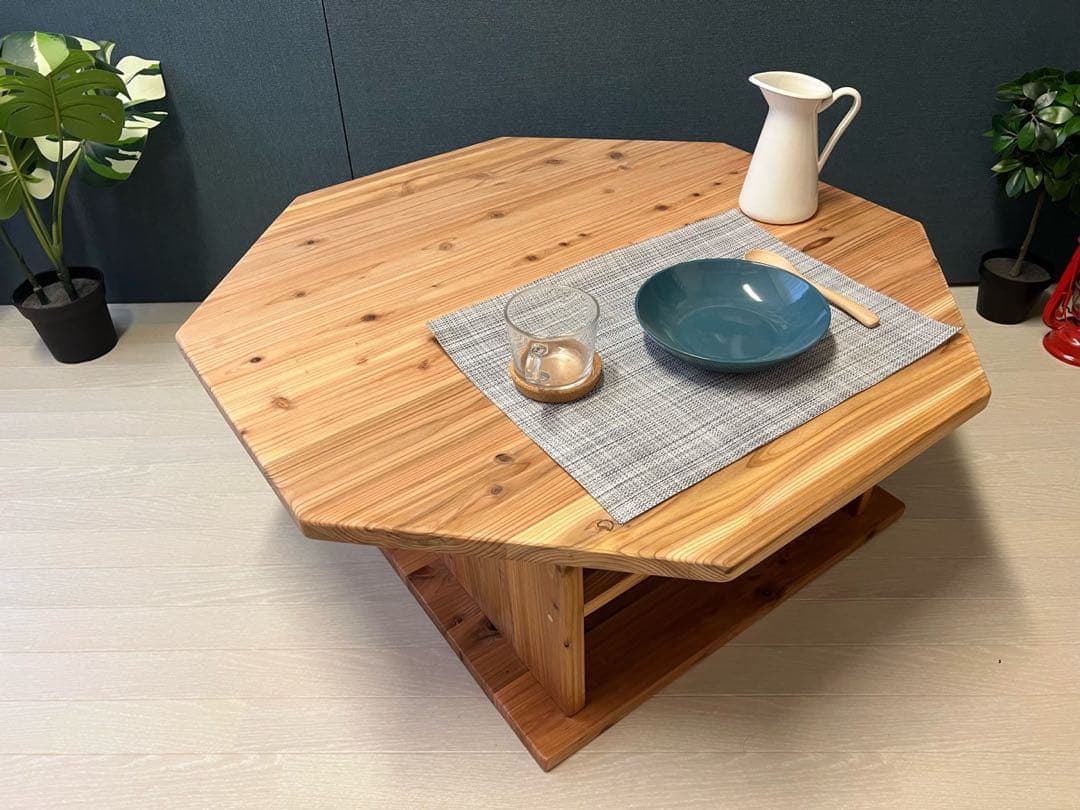 【送料無料】 ローテーブル 八角形 90cm 杉 ナチュラル 棚付き