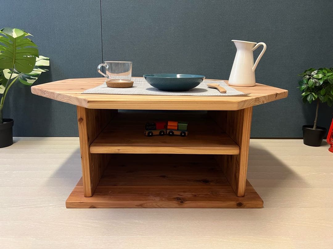 【送料無料】 ローテーブル 八角形 90cm 杉 ナチュラル 棚付き