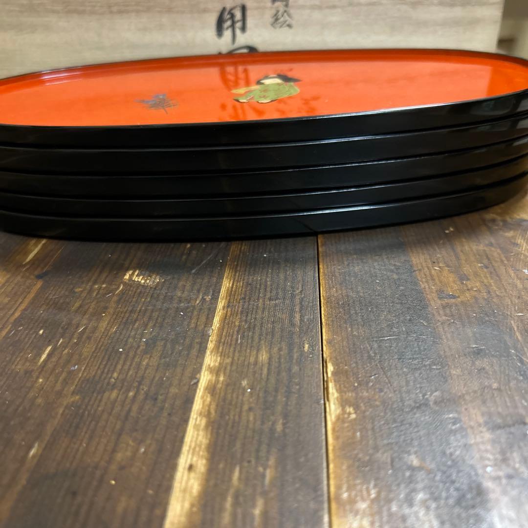 輪島塗 輪島漆器 大雅堂 摂田照彦 兼用皿 童蒔絵 5枚 高級漆器 未使用