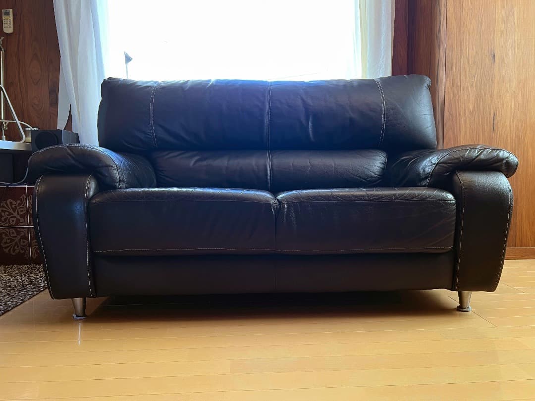 2人がけソファ 天然皮革　ブラック