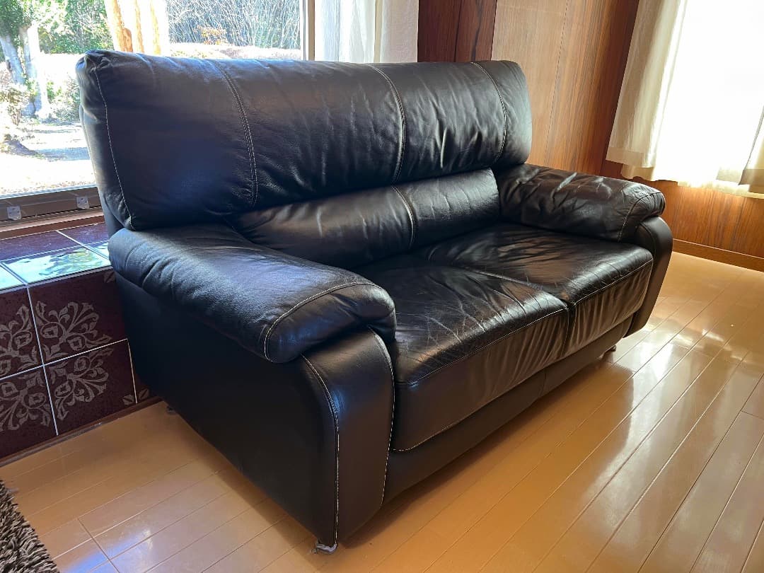 2人がけソファ 天然皮革　ブラック