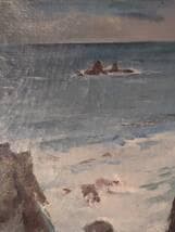 【真作】絵画　油彩8号　岩礁に打ち寄せる波　荒波と岩場の海風景　Y180
