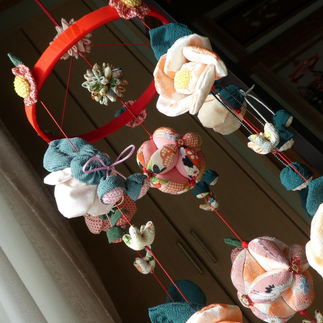 古布 正絹 吊るし椿 錦紗縮緬 ピンク 桃色 疋田模様 さげもん