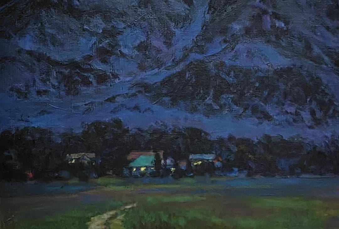 「山小屋の灯」1991 F15 油絵 油彩画 絵画 アート 燧ヶ岳 尾瀬ヶ原