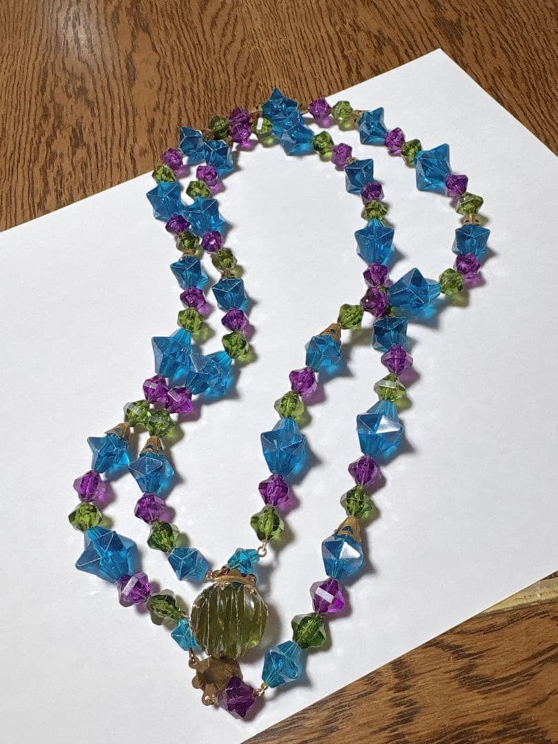 ビーズ2WAYネックレス 青 緑 紫　アンティーク