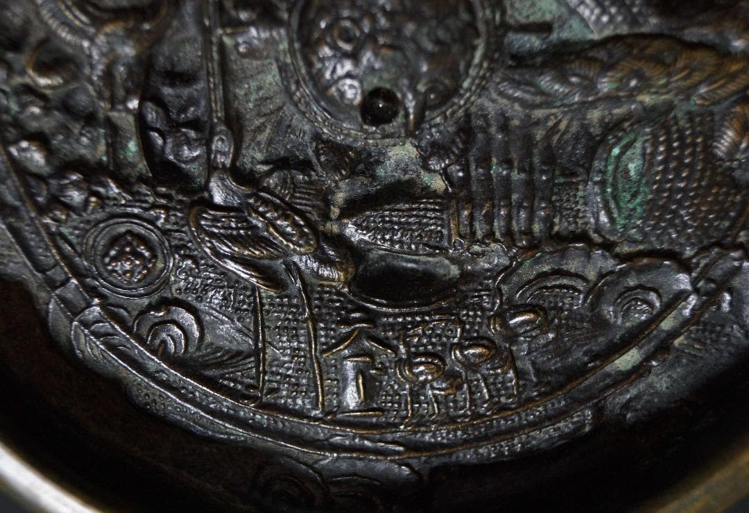 江戸時代 金工細工『鶴亀松文』天下一 古銅鏡 和鏡 古鏡☆時代物☆