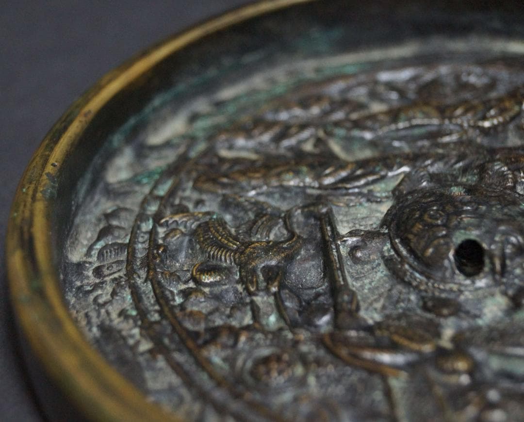 江戸時代 金工細工『鶴亀松文』天下一 古銅鏡 和鏡 古鏡☆時代物☆