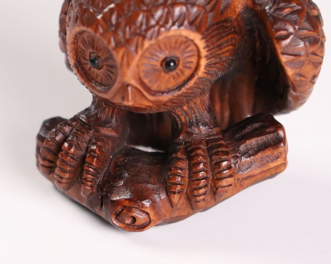 木製 提物 根付 正次(銘) 梟 ふくろう 彫刻 木彫り【MA923】