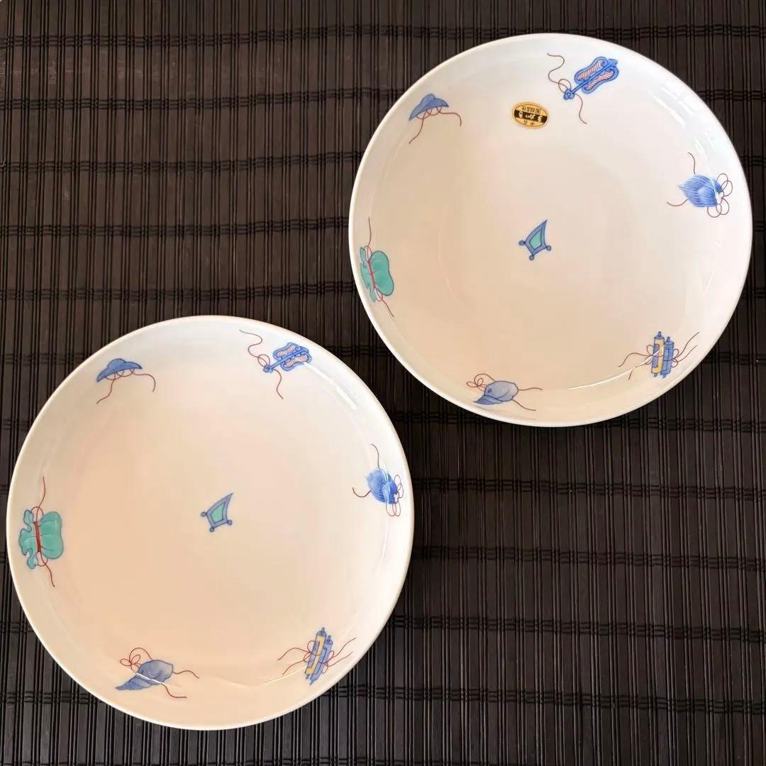 【未使用品】【伊万里鍋島焼】畑萬陶苑 手描き 宝尽くし文 盛皿 中皿 2枚