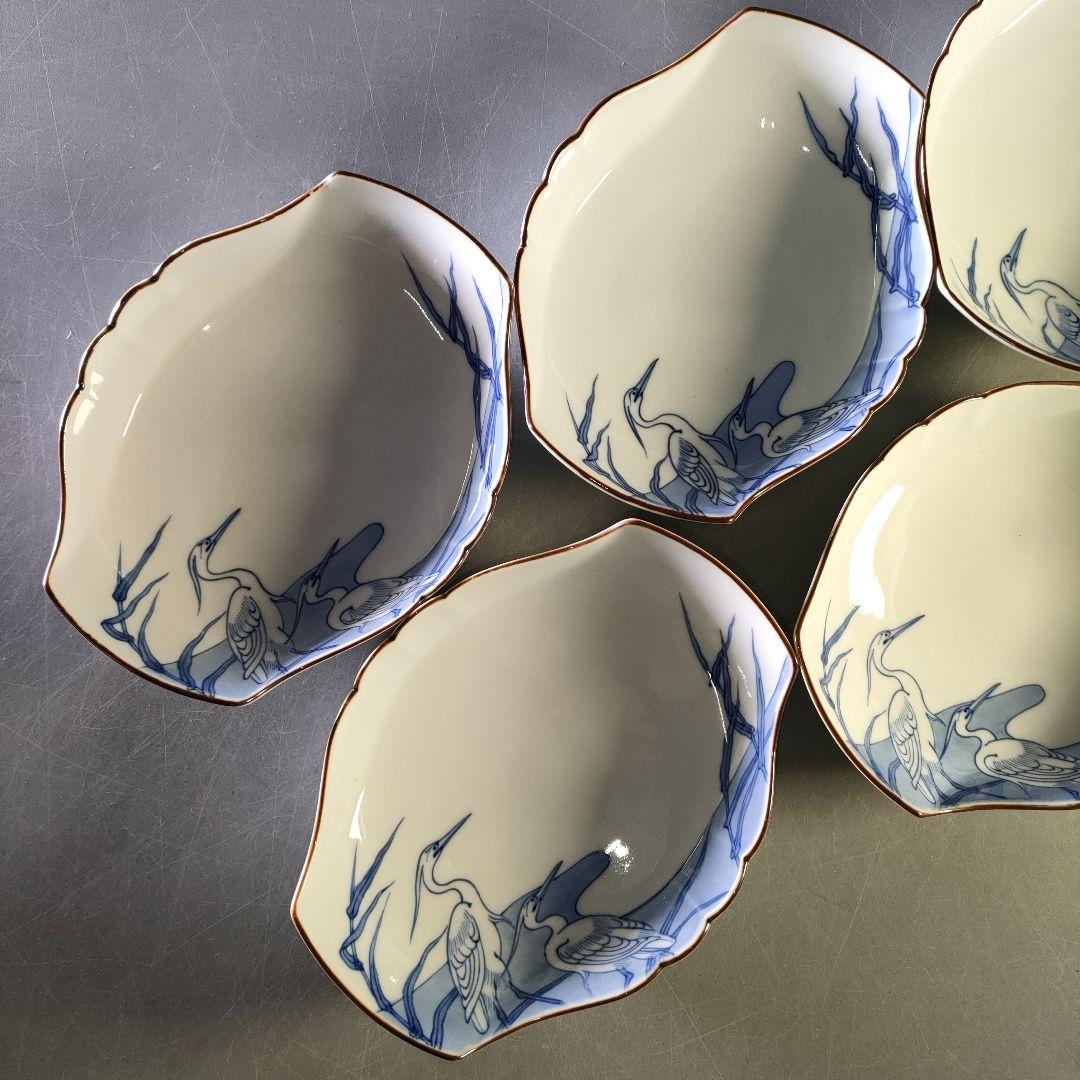 A1246-6/宮内庁御用達 十四代辻常陸製/染付白鷺文向付 大5客・小5客/