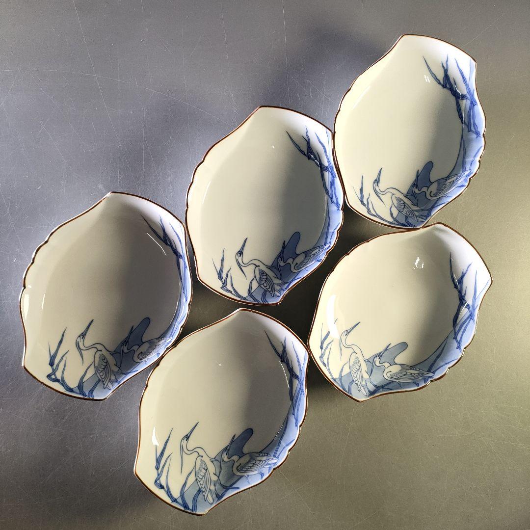 A1246-6/宮内庁御用達 十四代辻常陸製/染付白鷺文向付 大5客・小5客/