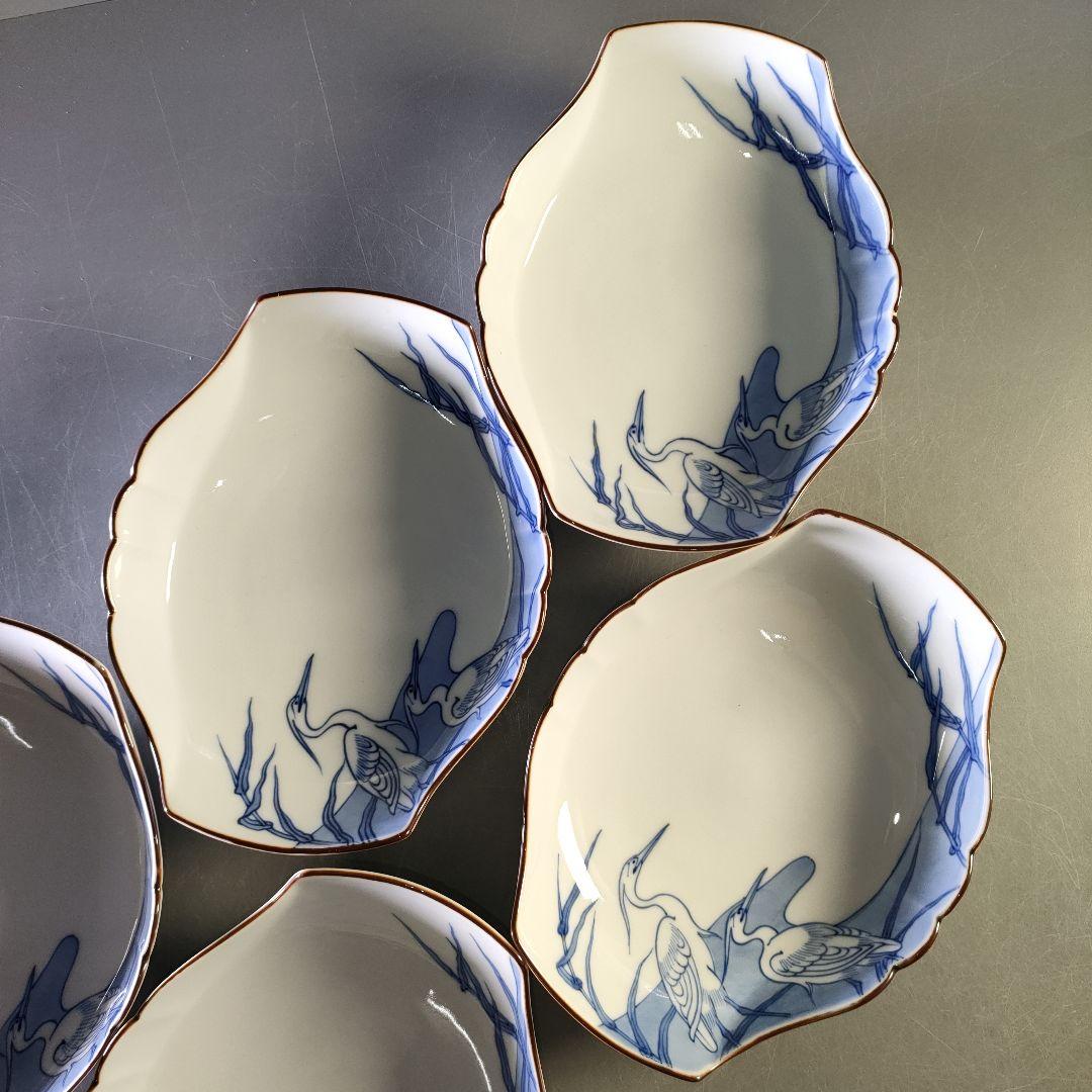 A1246-6/宮内庁御用達 十四代辻常陸製/染付白鷺文向付 大5客・小5客/