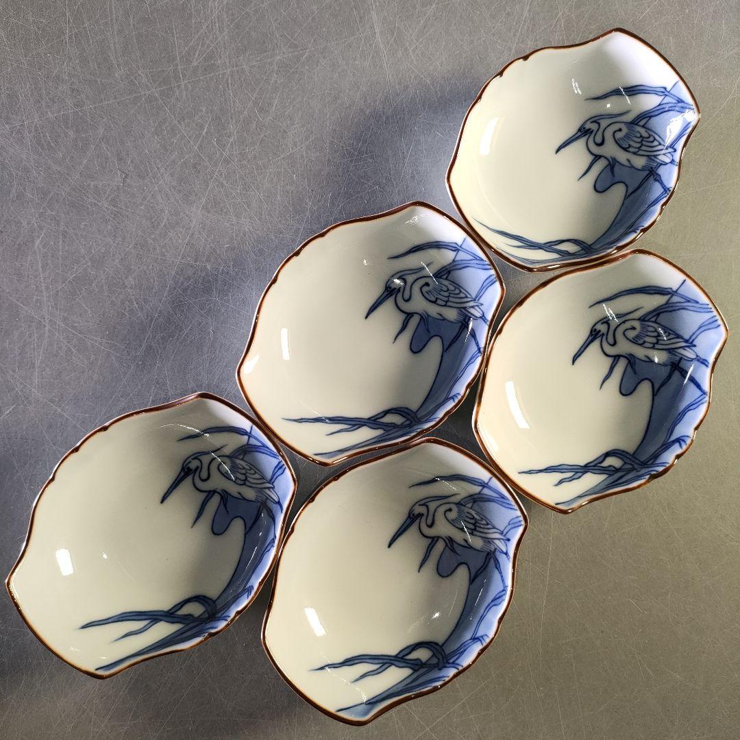 A1246-6/宮内庁御用達 十四代辻常陸製/染付白鷺文向付 大5客・小5客/